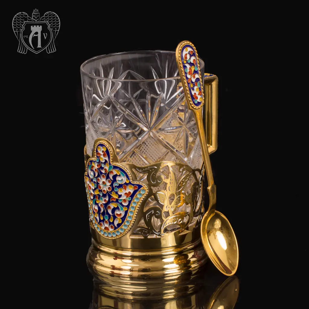 Подстаканник из серебра с эмалью «Царский» с ложкой