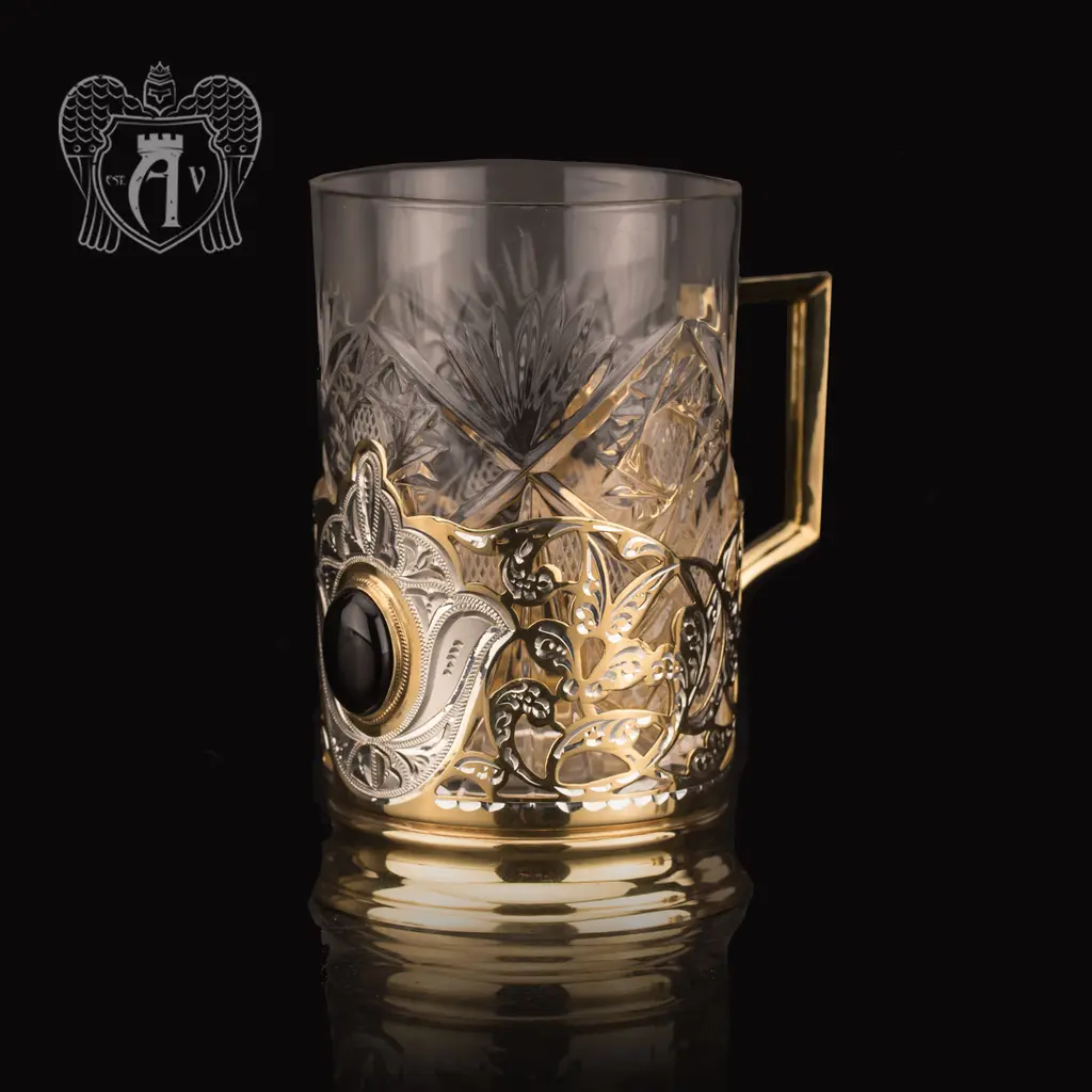 Подстаканник  из серебра с золочением с натуральным камнем «Агат»