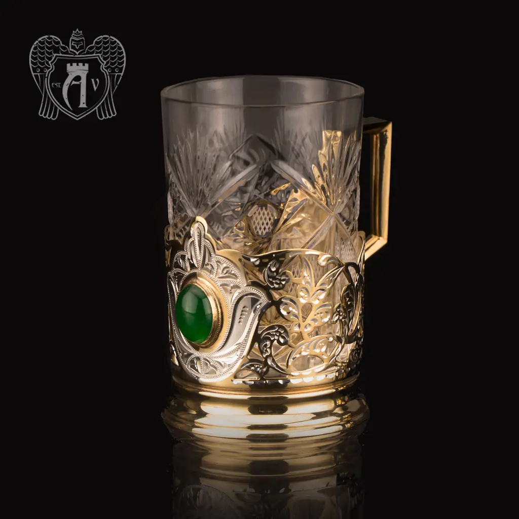 Подстаканник  из серебра с золочением с натуральным камнем «Хризопраз»