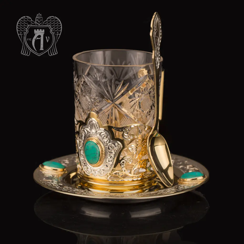 Подстаканник с блюдцем и ложкой из серебра с натуральным камнем «Бирюза»