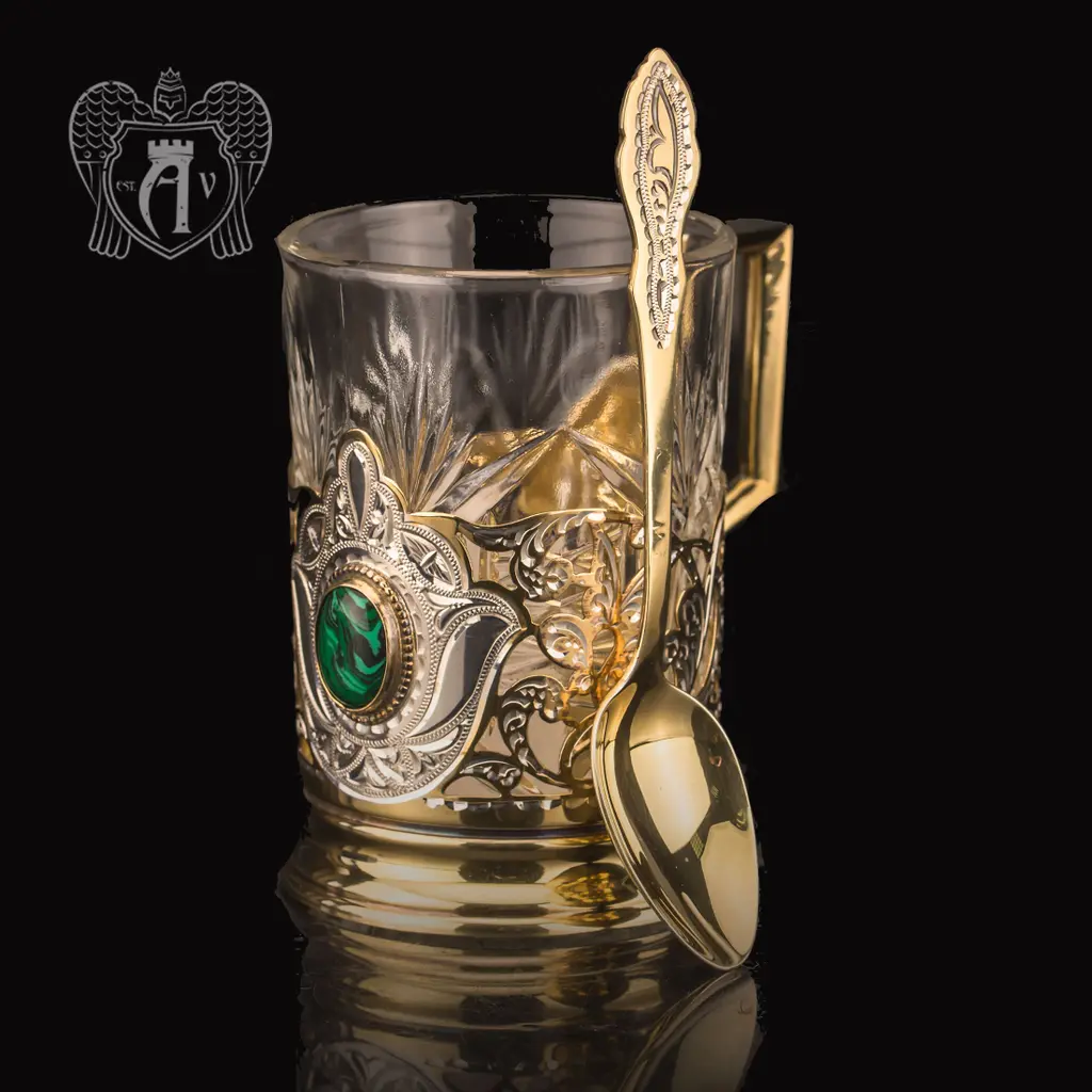 Подстаканник с ложкой из серебра с натуральным камнем «Малахит»