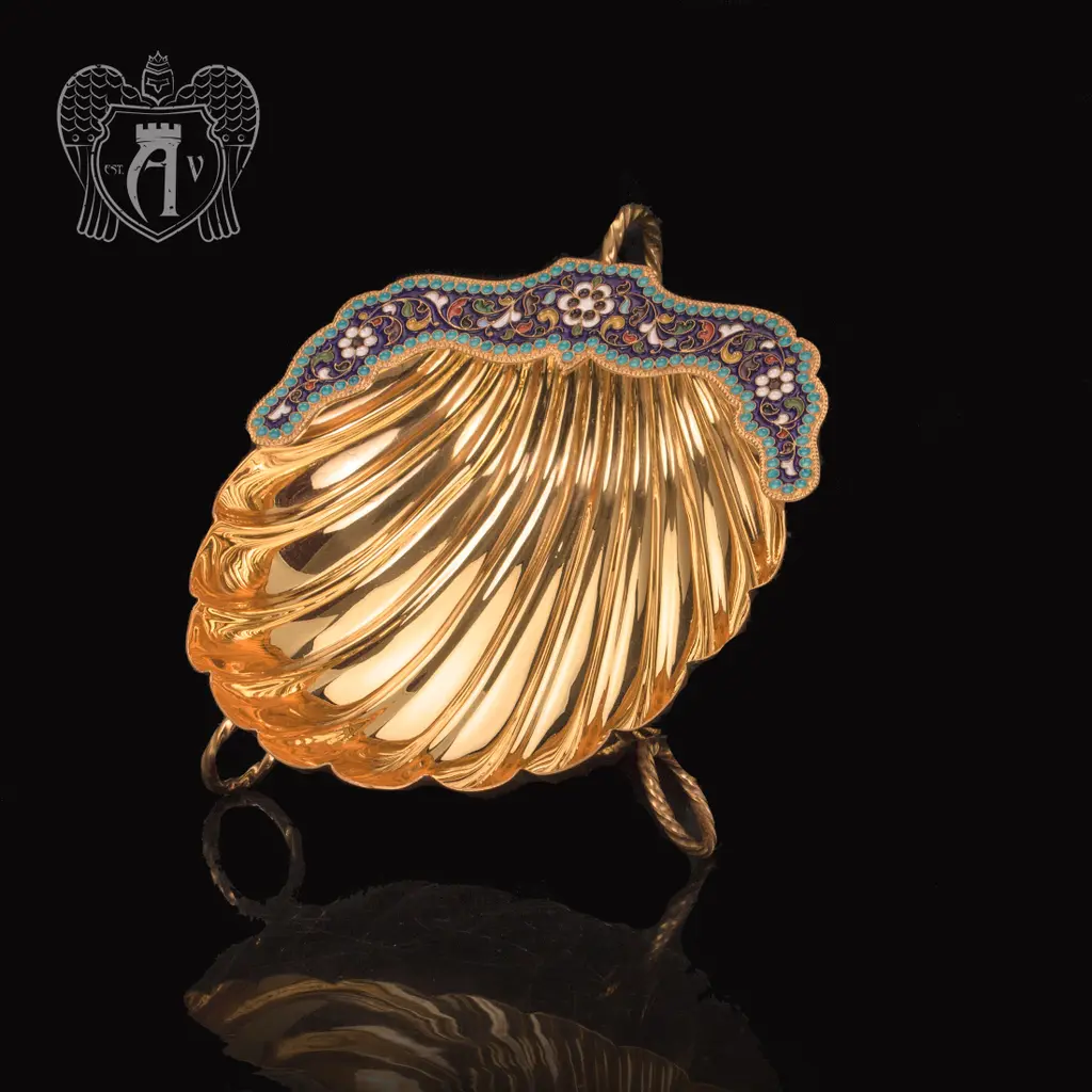 Серебряная конфетница/икорница «Ракушка с золочением и эмалью»