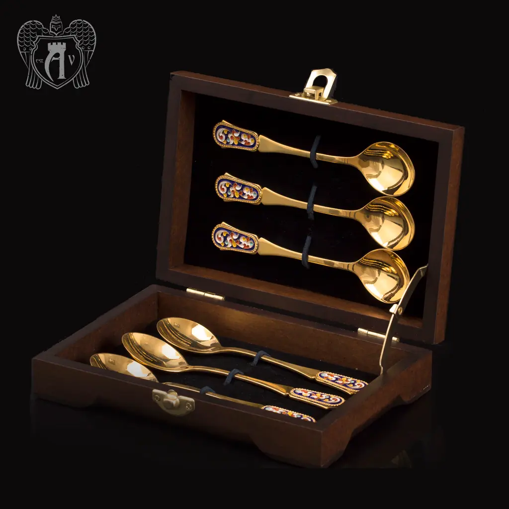 Серебряные чайные ложки с эмалью «Царская» комплект 6 шт