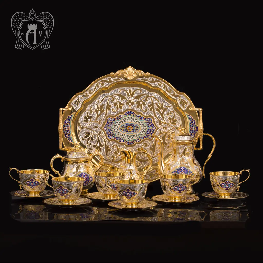 Серебряный сервиз чайный  с горячей эмалью  «Ричмонд»