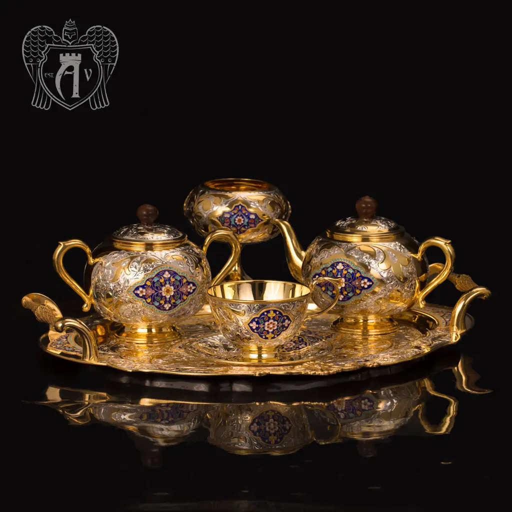 Серебряный сервиз чайный  с горячей эмалью  «Вермонт»