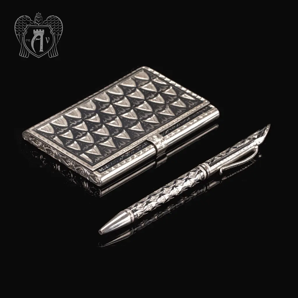 Визитница серебряная и ручка «Графика»