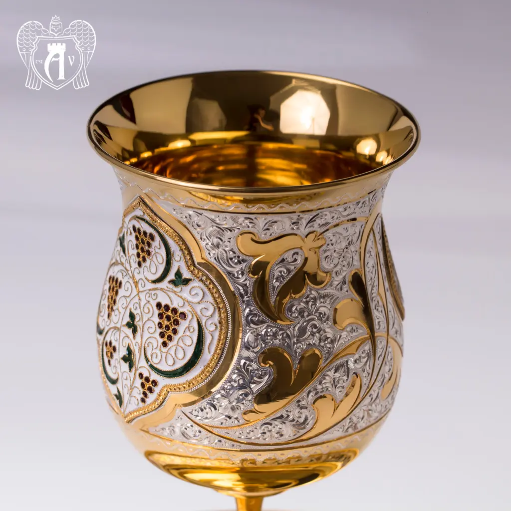Еврейский кубок «Киддуш» с блюдцем из серебра с позолотой - фото 4
