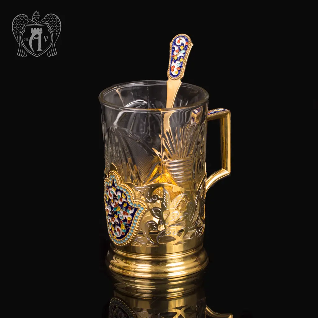 Чайный сервиз из серебра - самовар с подстаканниками на подносе «Царский» - фото 2