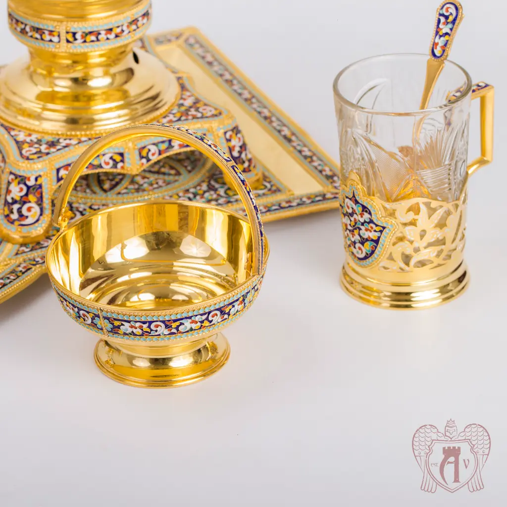 Чайный сервиз из серебра - самовар с подстаканниками на подносе «Царский» - фото 5