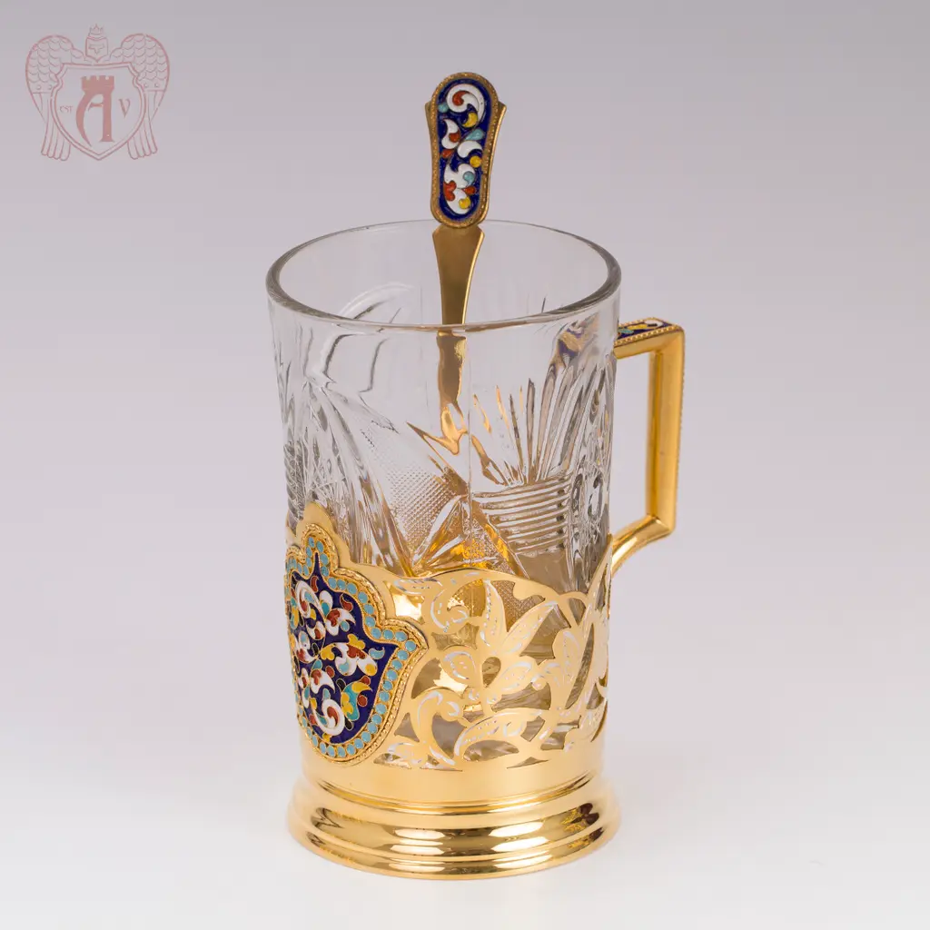 Подстаканник из серебра с эмалью «Царский» с ложкой - фото 3