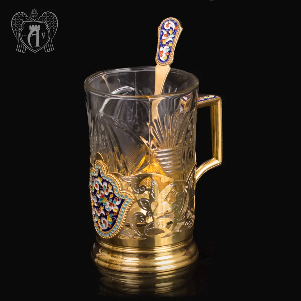 Подстаканник из серебра с эмалью «Царский» с ложкой - фото 4