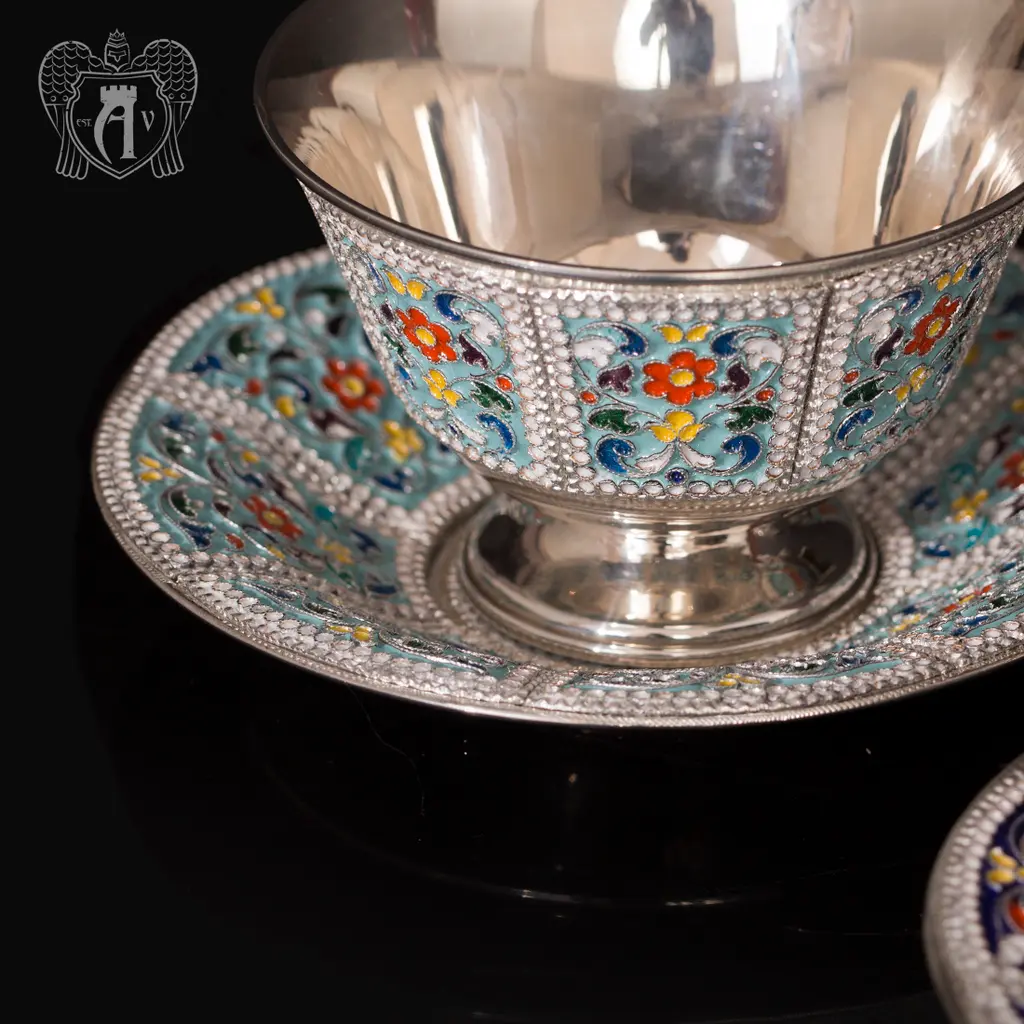 Серебряная чайная пара «Калейдоскоп» с эмалью - фото 3