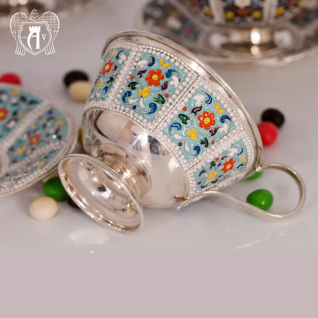 Серебряная чайная пара «Калейдоскоп» с эмалью - фото 5