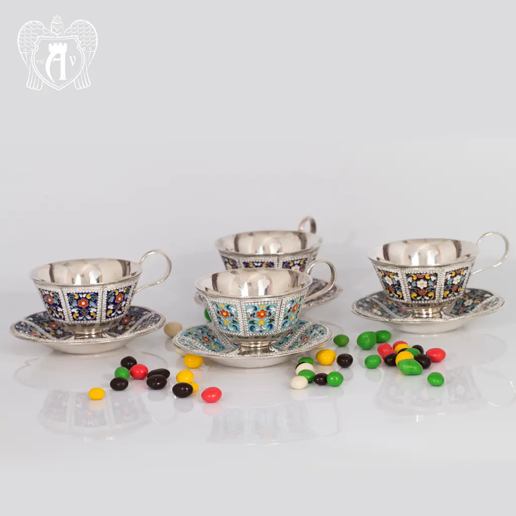 Серебряная чайная пара «Калейдоскоп» с эмалью - фото 6