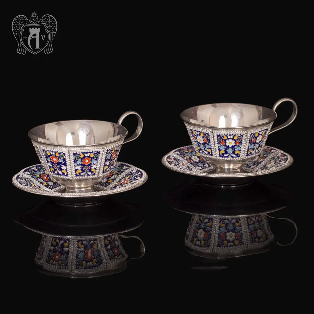 Серебряная чайная пара «Калейдоскоп-2» с эмалью - фото 3