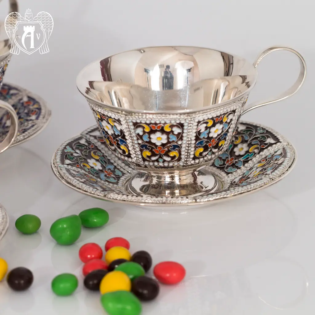 Серебряная чайная пара «Калейдоскоп-2» с эмалью - фото 5