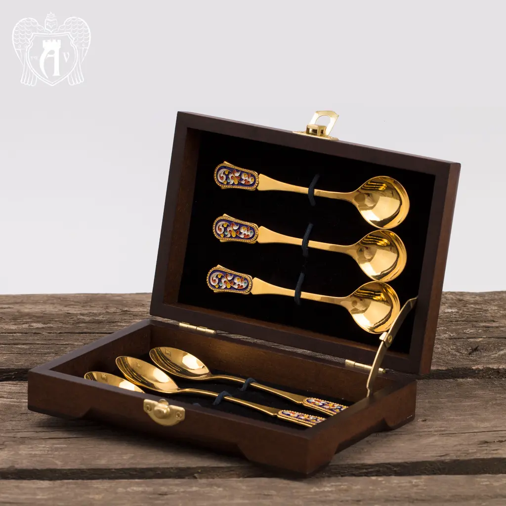 Серебряные чайные ложки с эмалью «Царская» комплект 6 шт - фото 3