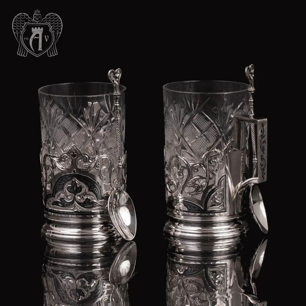 Набор из двух подстаканников из  серебра «Гармония» с ложкой - фото 3