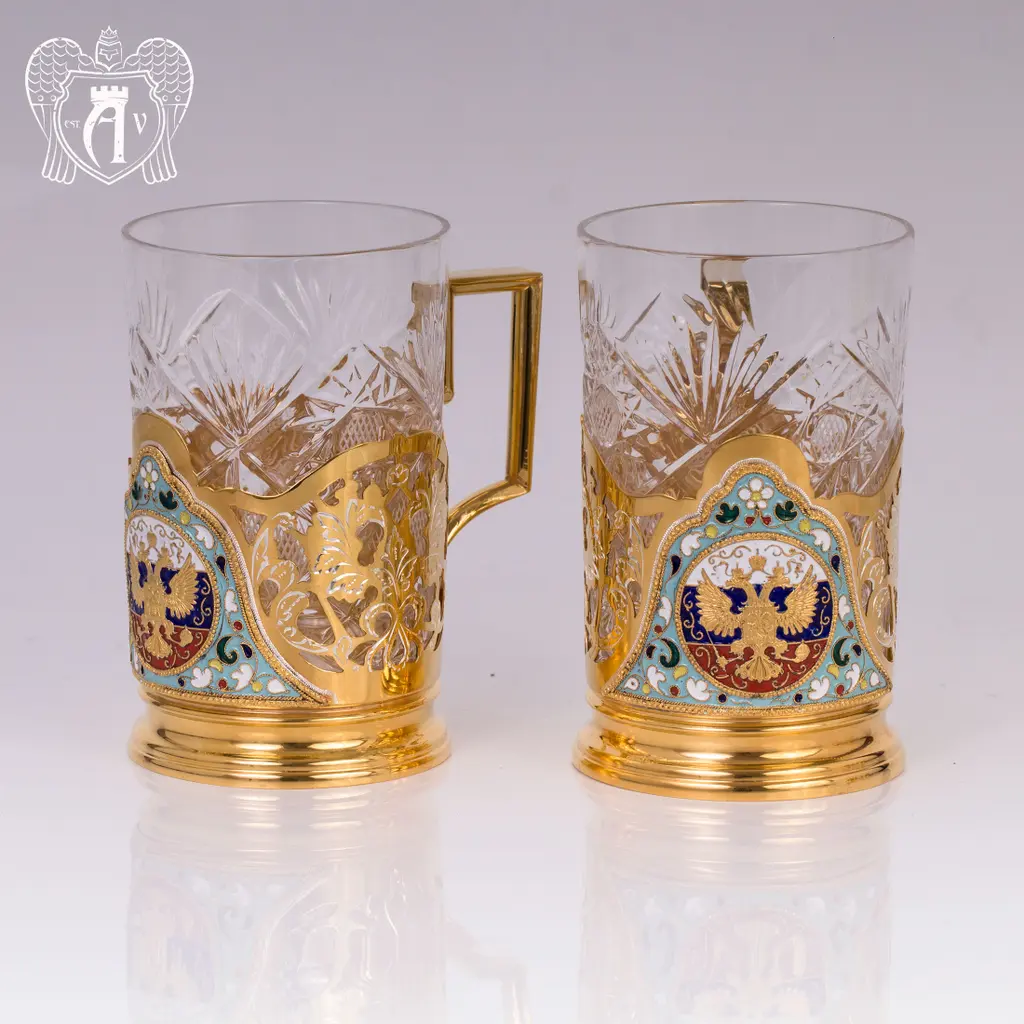 Набор из двух подстаканников из серебра с эмалью «Герб» с золочением - фото 2