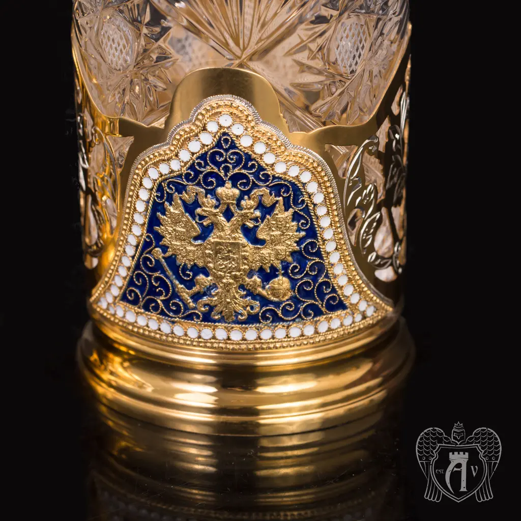 Набор из двух подстаканников с гербом из серебра с эмалью «Держава» с золочением - фото 3