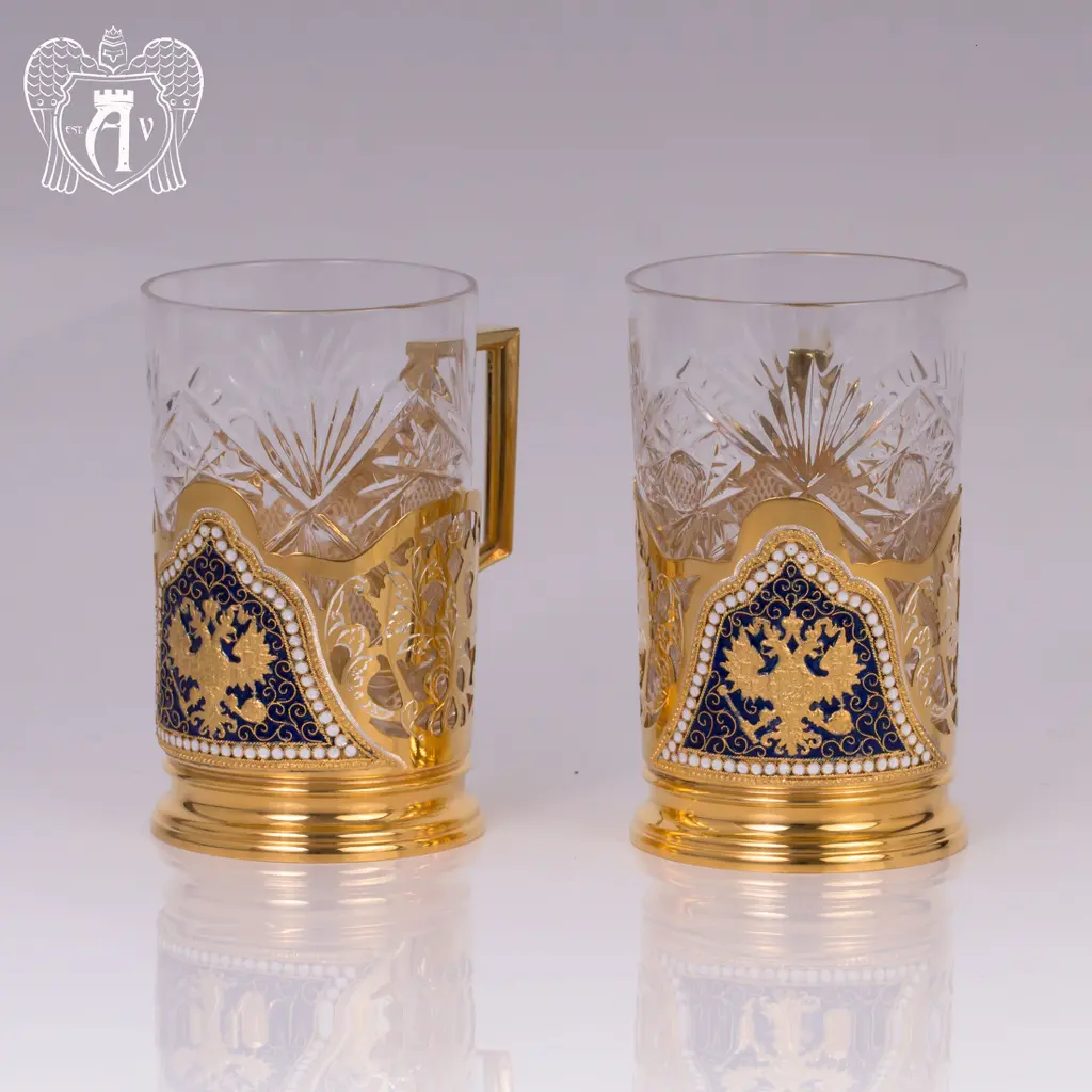 Набор из двух подстаканников с гербом из серебра с эмалью «Держава» с золочением - фото 2