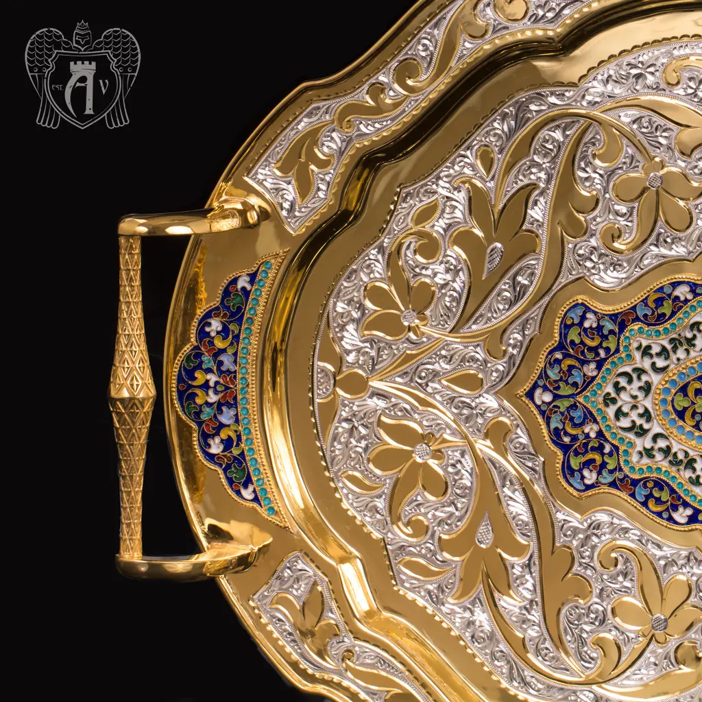 Большой поднос из серебра «Ричмонд» с золочением и эмалью - фото 2