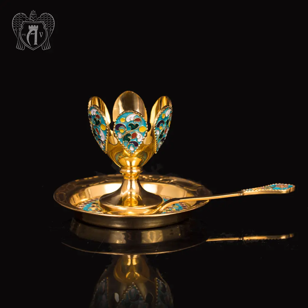 Пашотница на тарелочке с ложкой «Прима» с золочением и эмалью - фото 2