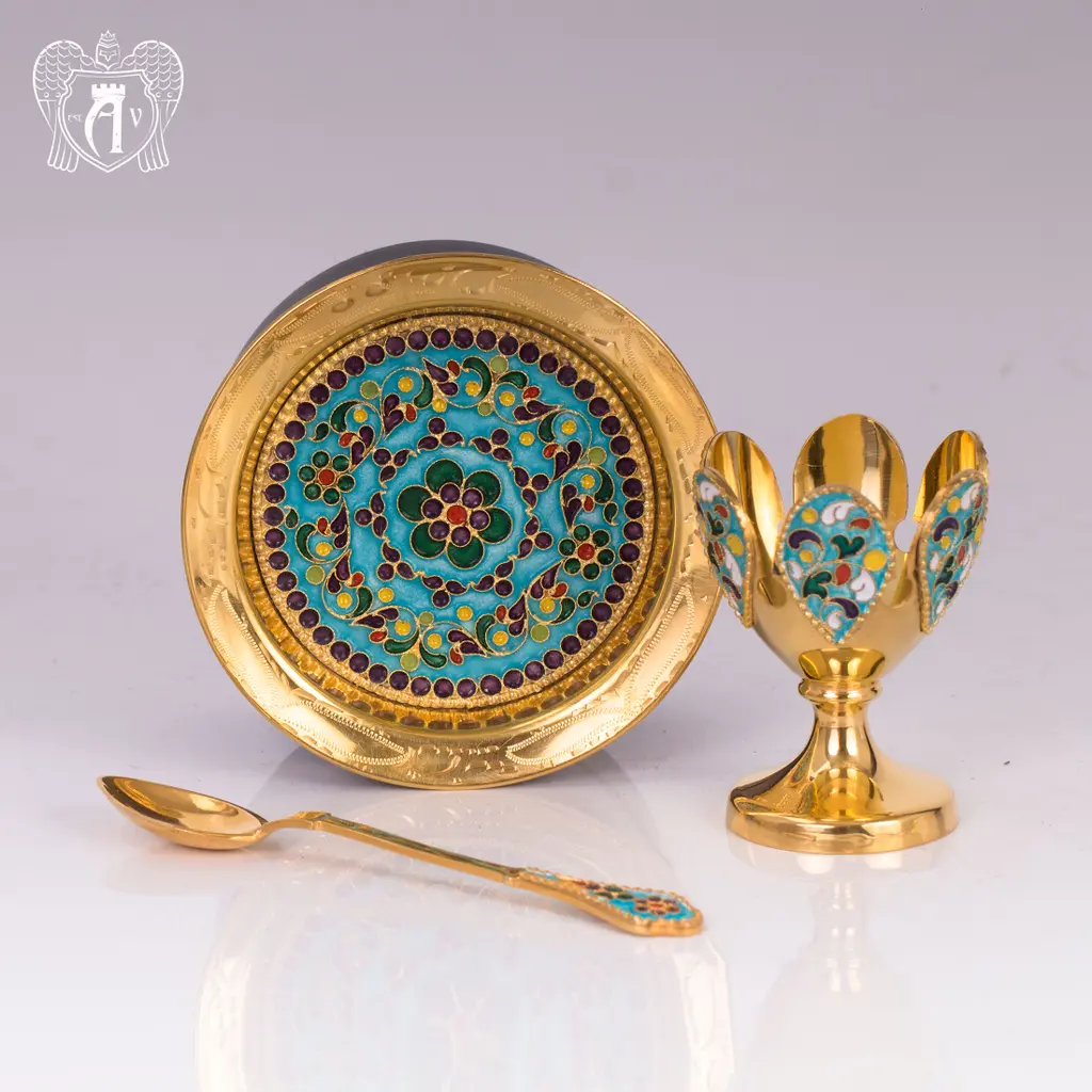 Пашотница на тарелочке с ложкой «Прима» с золочением и эмалью - фото 3