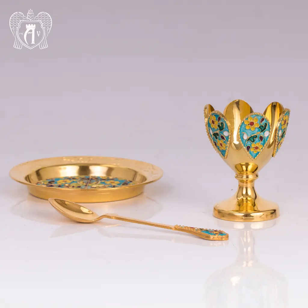 Пашотница на тарелочке с ложкой «Прима» с золочением и эмалью - фото 4