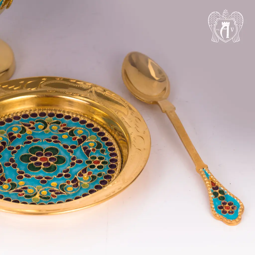 Пашотница на тарелочке с ложкой «Прима» с золочением и эмалью - фото 5