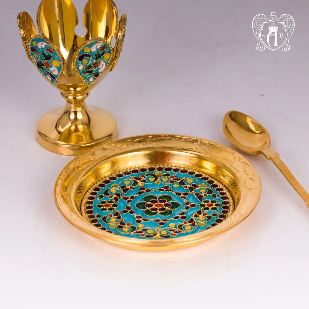 Пашотница на тарелочке с ложкой «Прима» с золочением и эмалью - фото 6