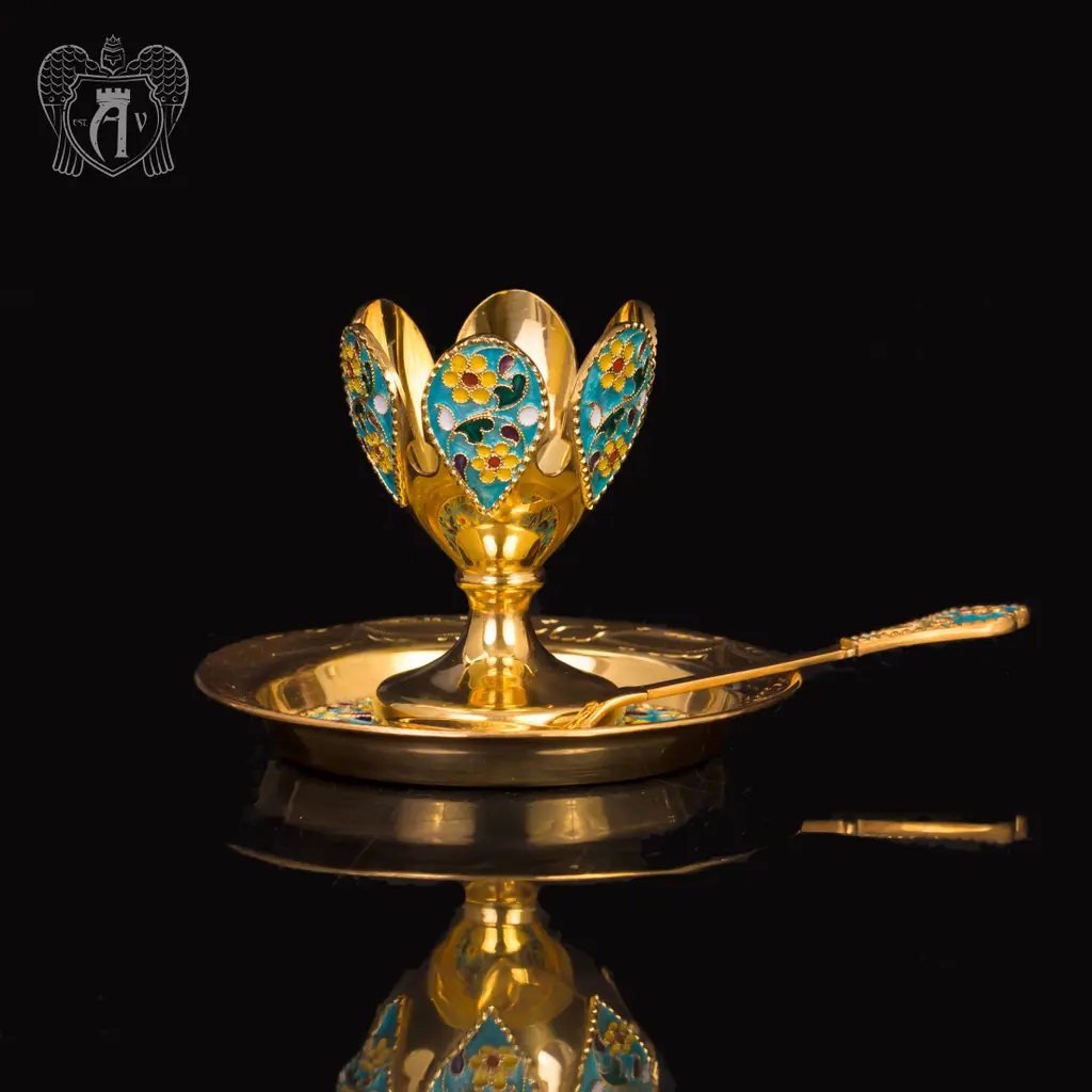 Пашотница на тарелочке с ложкой «Аркона» с золочением и эмалью - фото 2