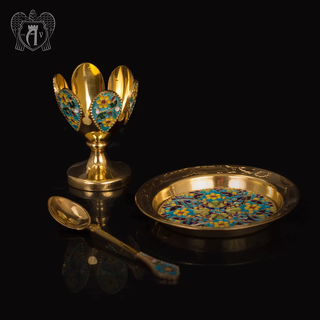 Пашотница на тарелочке с ложкой «Аркона» с золочением и эмалью - фото 3