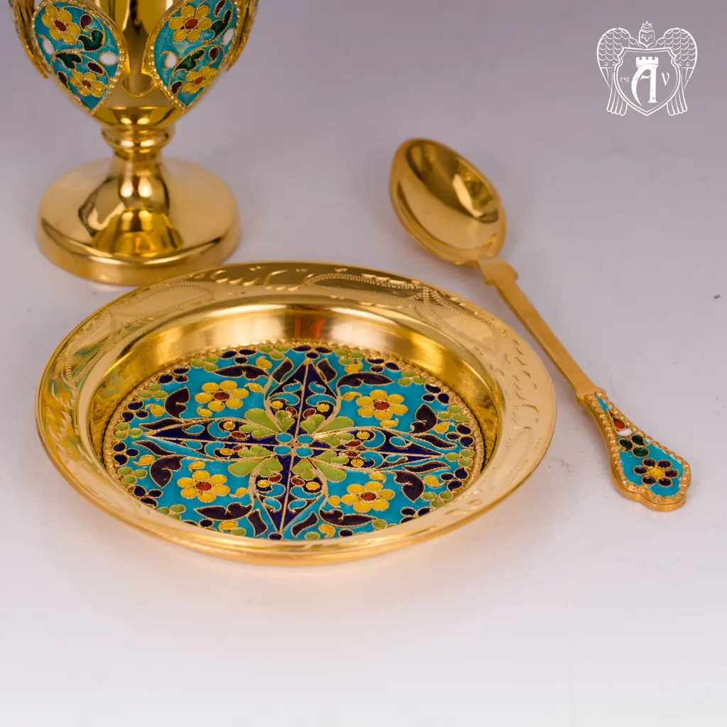 Пашотница на тарелочке с ложкой «Аркона» с золочением и эмалью - фото 4