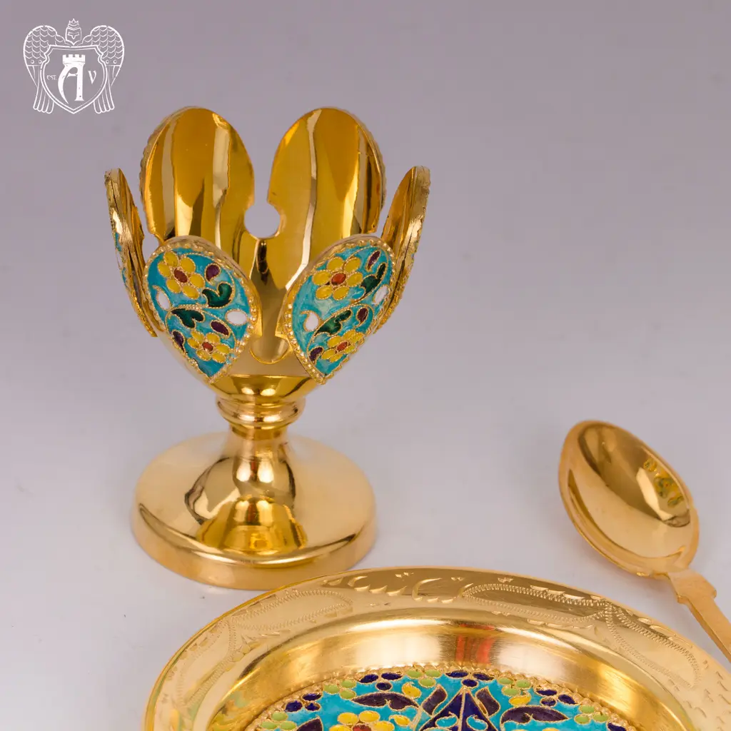 Пашотница на тарелочке с ложкой «Аркона» с золочением и эмалью - фото 5