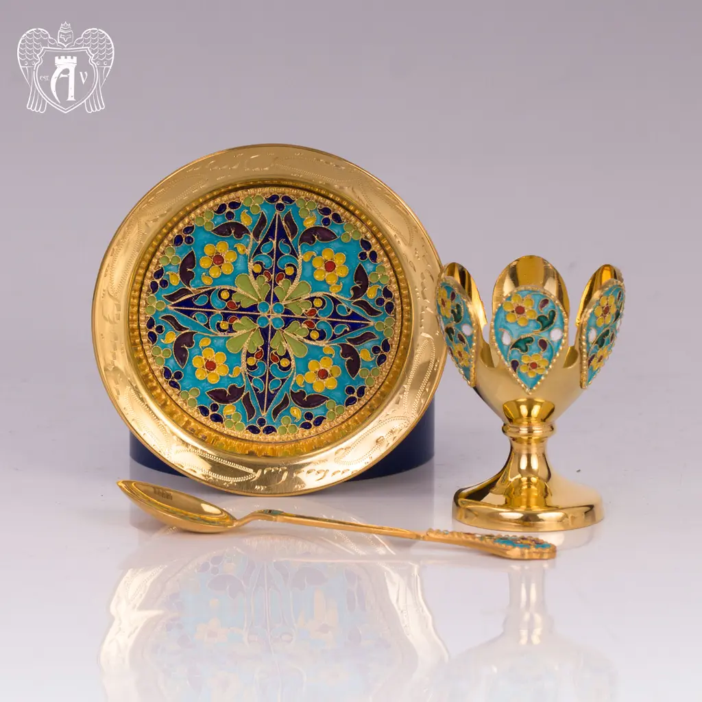 Пашотница на тарелочке с ложкой «Аркона» с золочением и эмалью - фото 6