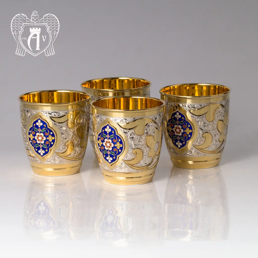 Набор серебряных стаканов «Теодор» с золочением и эмалью 4 шт - фото 5