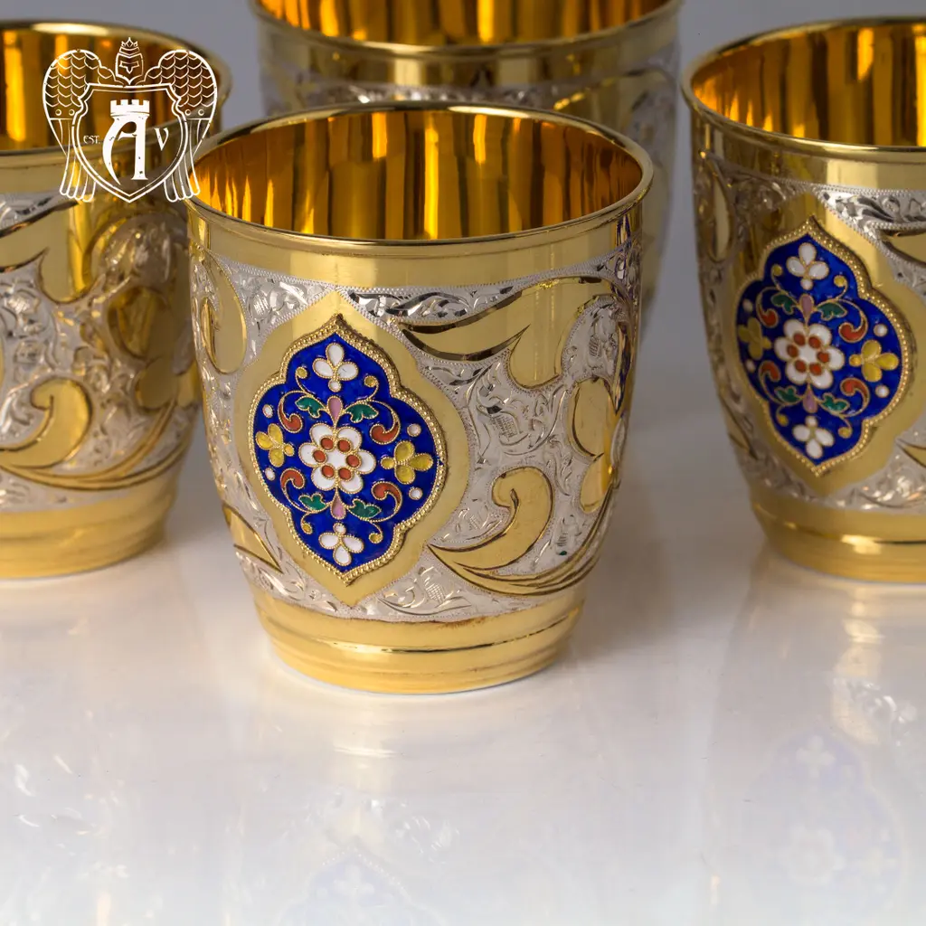 Набор серебряных стаканов «Теодор» с золочением и эмалью 4 шт - фото 6