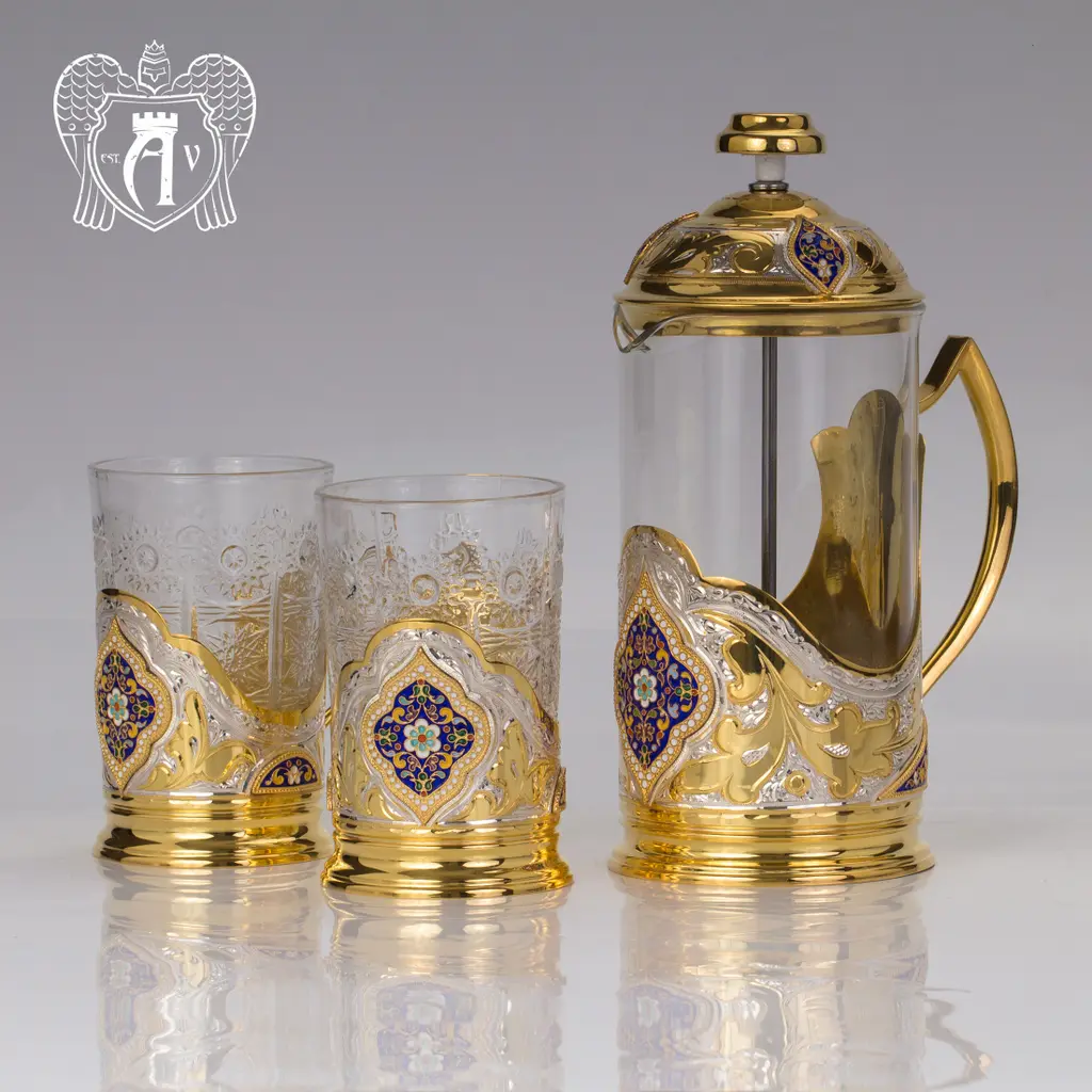 Серебряный френч-пресс с двумя подстаканниками  для чая «Султан» - фото 4