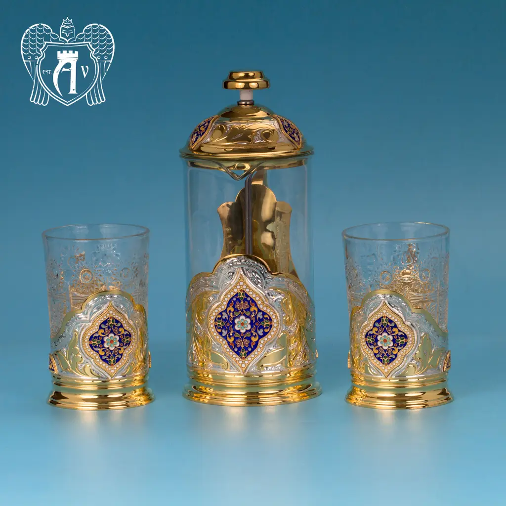 Серебряный френч-пресс с двумя подстаканниками  для чая «Султан» - фото 5