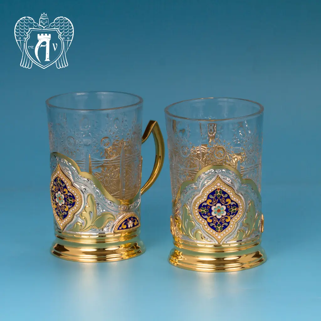 Набор из двух подстаканников  из серебра с эмалью «Султан» с золочением - фото 2