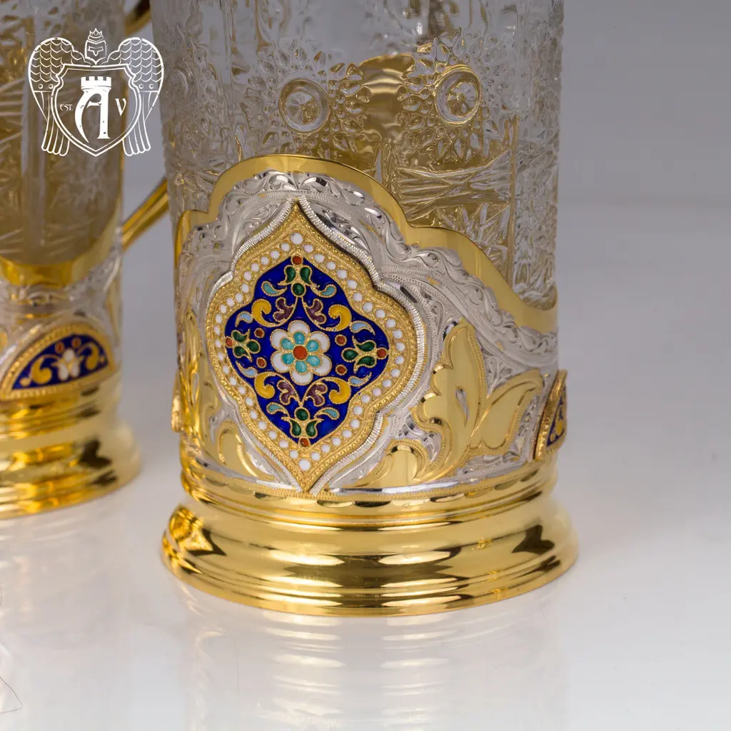 Набор из двух подстаканников  из серебра с эмалью «Султан» с золочением - фото 4