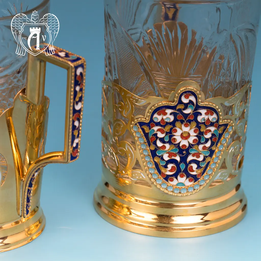 Набор из двух подстаканников  из серебра с эмалью «Сказка» с золочением - фото 2