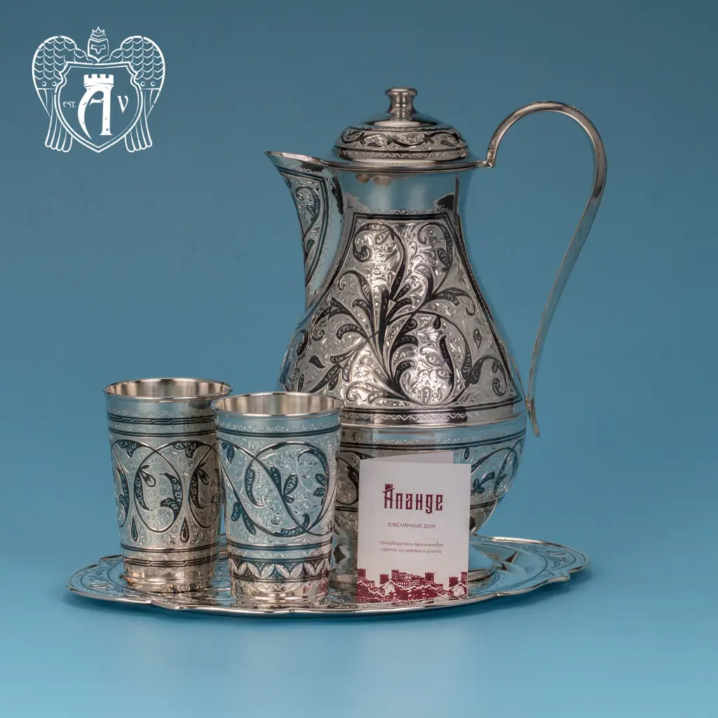 Кувшин и два стакана на подносе из серебра  «Кристалл» 925 пробы - фото 2