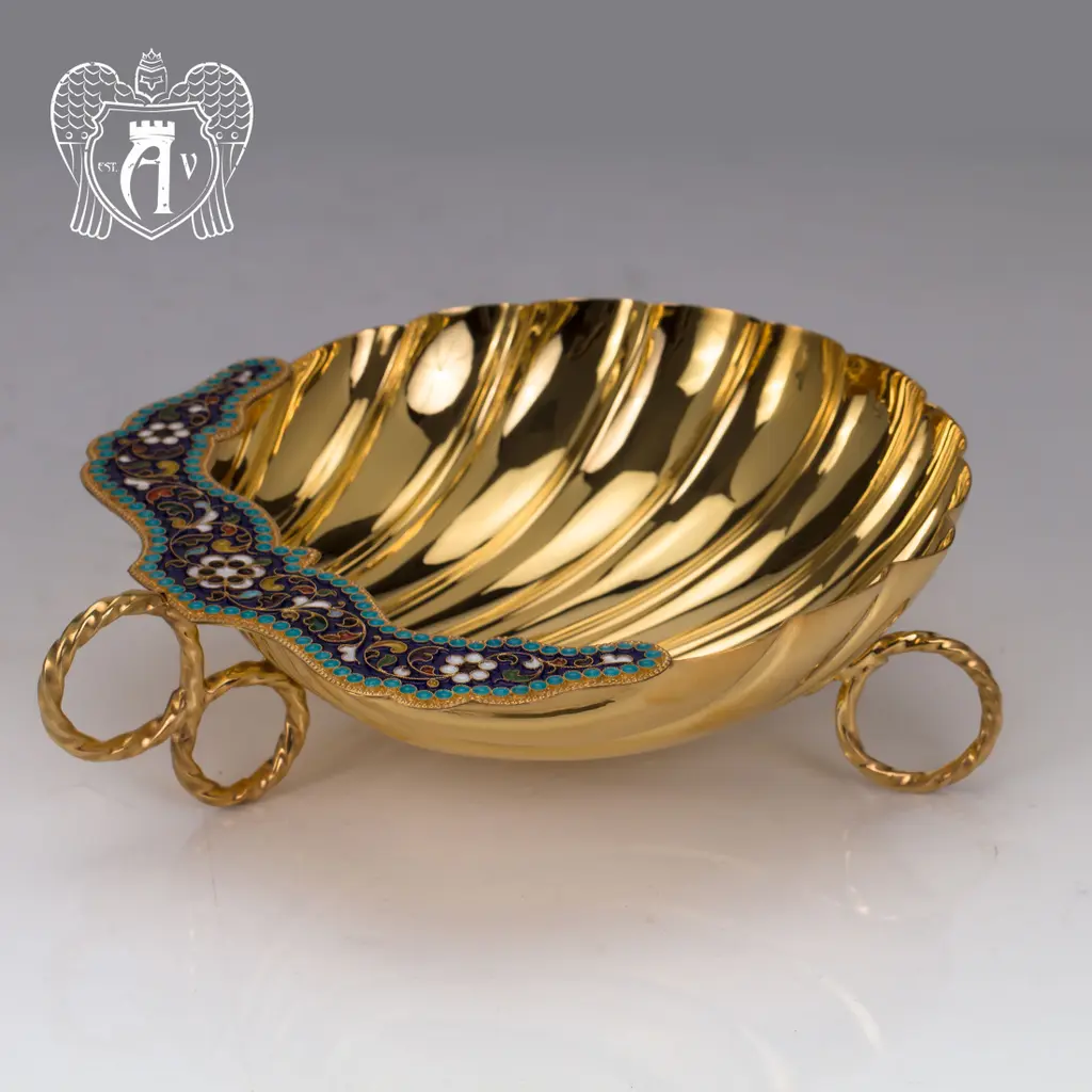 Серебряная конфетница/икорница «Ракушка с золочением и эмалью» - фото 2