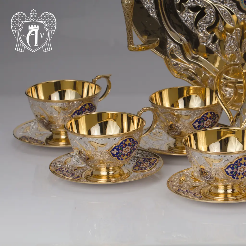 Серебряный сервиз чайный  с горячей эмалью  «Вальмонт» - фото 6