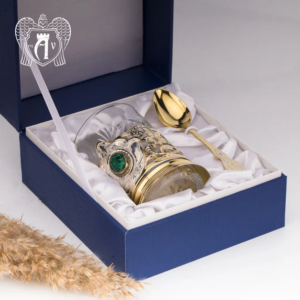 Подстаканник с ложкой из серебра с натуральным камнем «Малахит» - фото 2