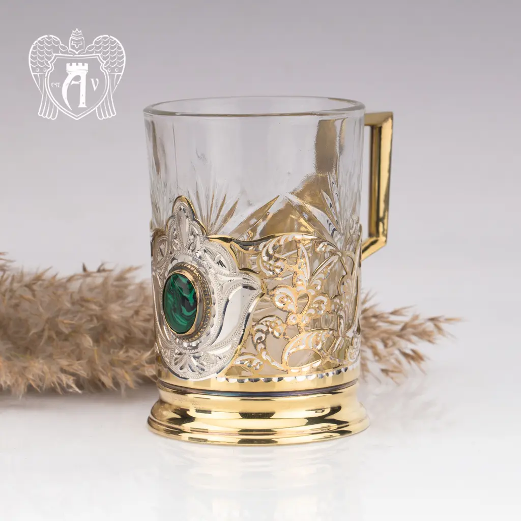 Подстаканник с ложкой из серебра с натуральным камнем «Малахит» - фото 3