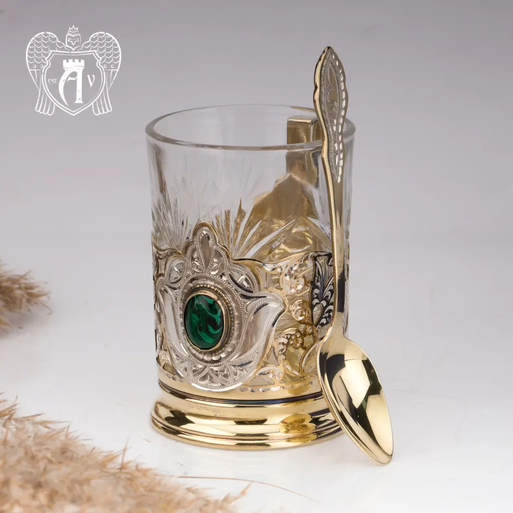 Подстаканник с ложкой из серебра с натуральным камнем «Малахит» - фото 4