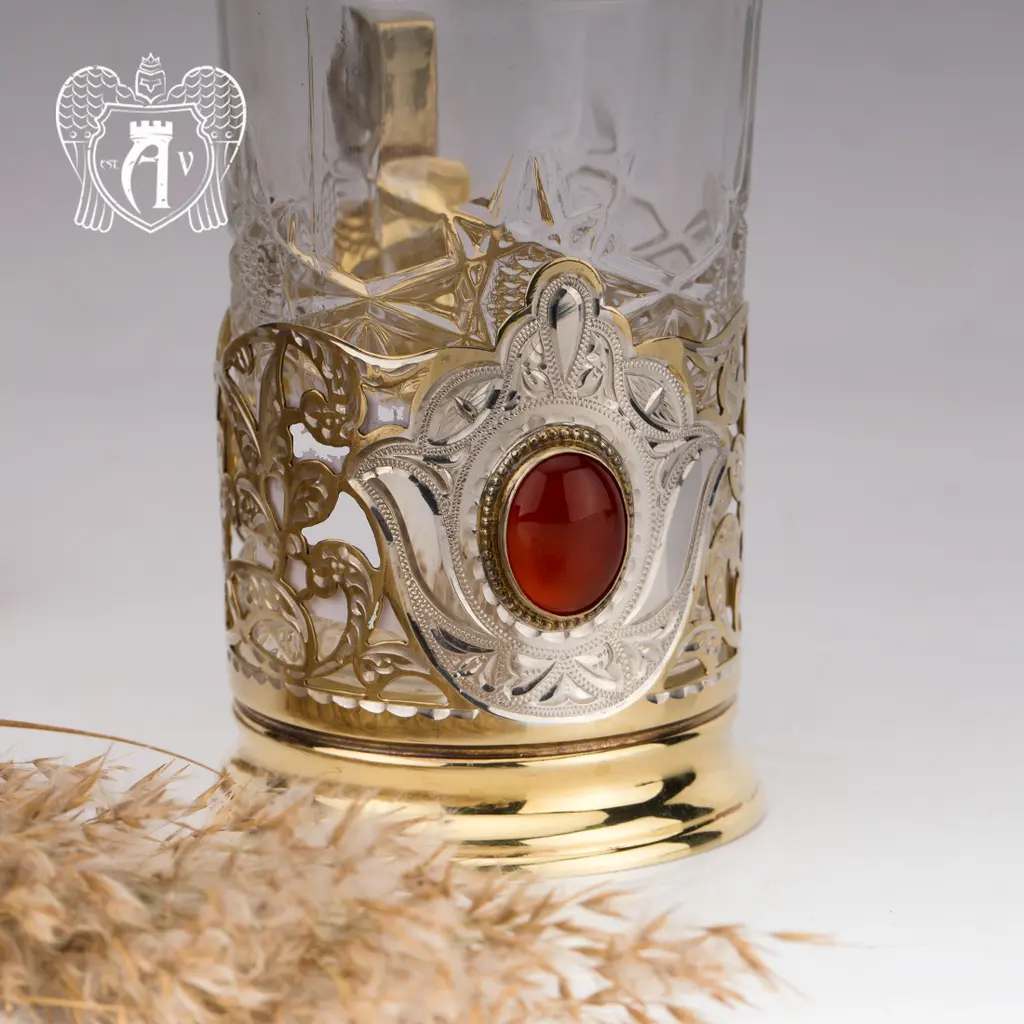 Подстаканник  из серебра с золочением с натуральным камнем «Сердолик» - фото 3